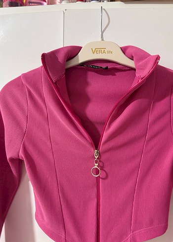 Pembe parmak geçmeli crop bluz - Görsel 5