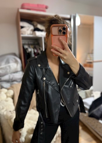 Kadın Siyah Deri Biker Ceket - Görsel 2