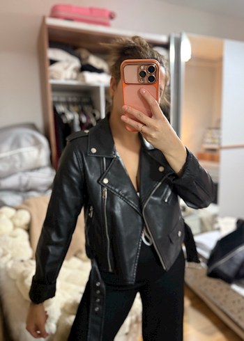 Kadın Siyah Deri Biker Ceket - Görsel 3