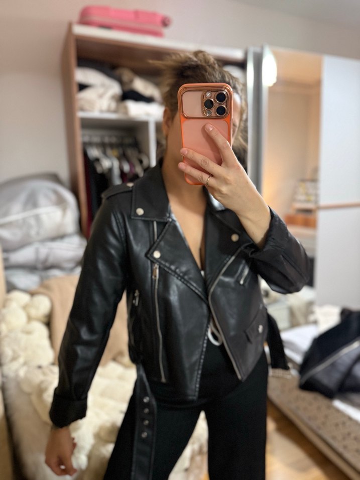 Kadın Siyah Deri Biker Ceket - Görsel 3