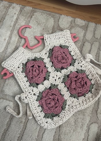 Çiçek Desenli Kız Örgü Yelek - Görsel 6