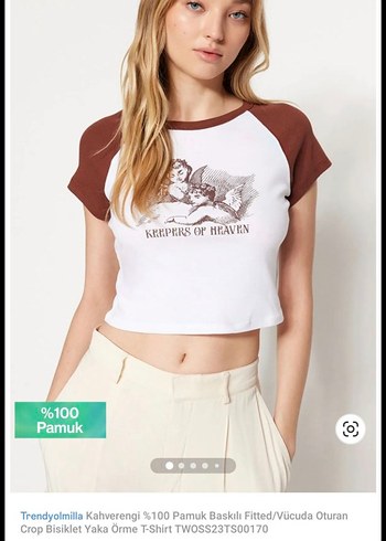 Trendyolmilla Kahverengi Baskılı Crop Tişört - Görsel 2