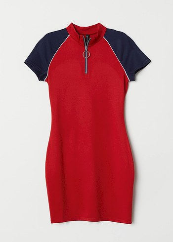 H&M Kırmızı Yarım Fermuarlı Spor Mini Elbise - Görsel 2