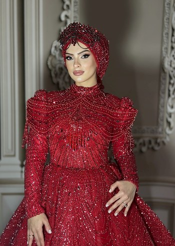 s Beden Parlak Kırmızı Drape Uzun Kollu Henna Elbise