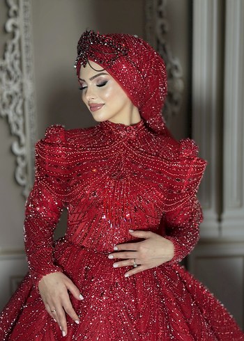 Parlak Kırmızı Drape Uzun Kollu Henna Elbise