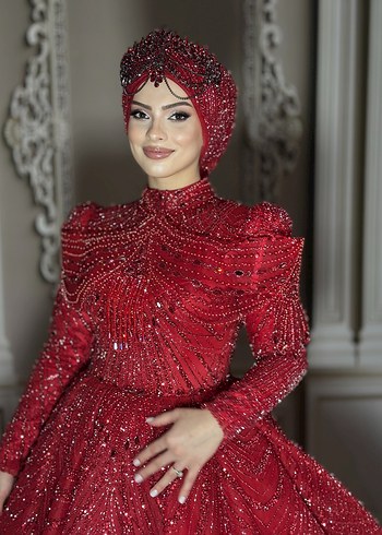 Henna Gelinlik Parlak Kırmızı Drape Uzun Kollu Henna Elbise