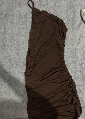 Kahverengi Drapeli Midi tek omuz  Abiye Elbise - Görsel 2