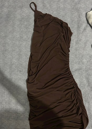 Kahverengi Drapeli Midi tek omuz  Abiye Elbise - Görsel 3