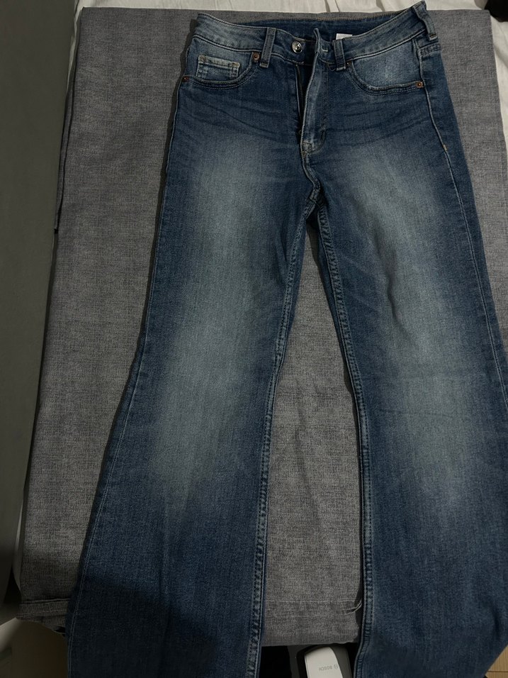 Düğmeli Mavi Kadın Denim İspanyol paçaPantolon - Görsel 2