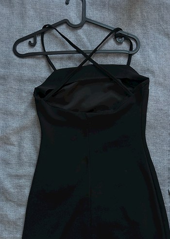 Siyah Askılı Midi Drapeli Abiye Elbise - Görsel 2