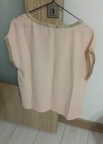 Kısa Kollu Drapeli Bej Kadın Bluz - Görsel 4