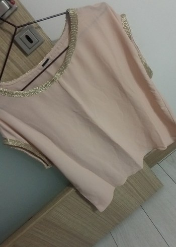 Kısa Kollu Drapeli Bej Kadın Bluz - Görsel 3