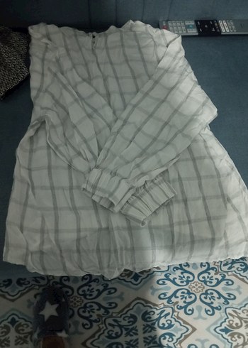 Gri Çizgili Uzun Kollu Keten Kadın Gömlek - Görsel 4