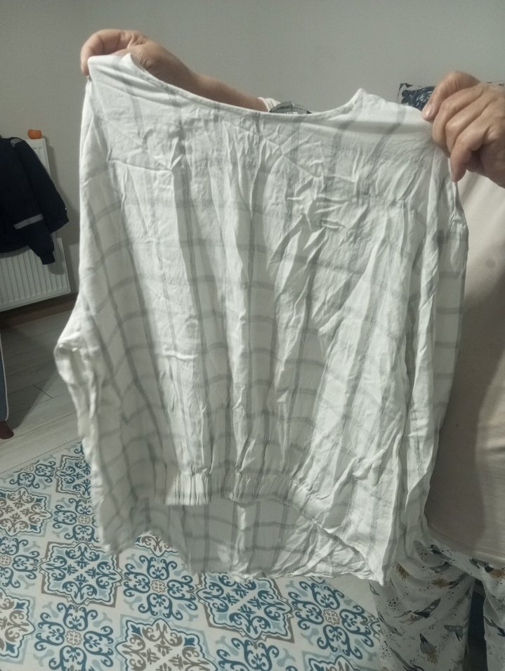 Gri Çizgili Uzun Kollu Keten Kadın Gömlek - Görsel 2