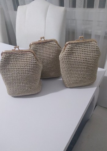 Bej Örgü Kadın Portföy Çanta gold zincir ekle e ettiren astarli - Görsel 2