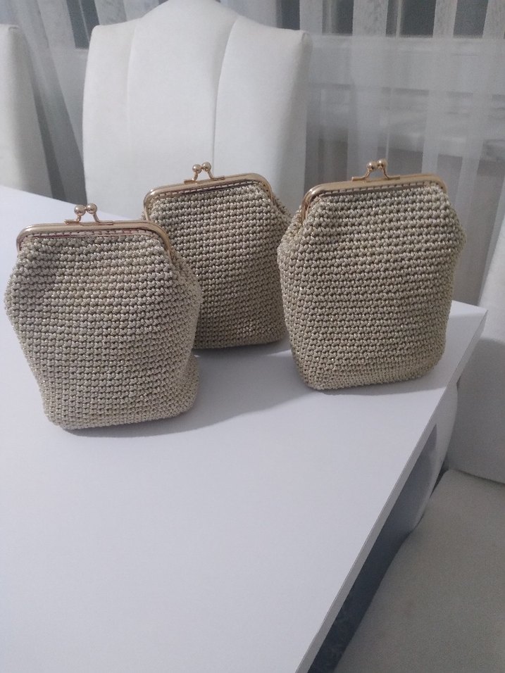 Bej Örgü Kadın Portföy Çanta gold zincir ekle e ettiren astarli - Görsel 2