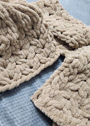 Sütlü Kahve Puffy  Örgü Bere ve Atkı Seti - Görsel 5