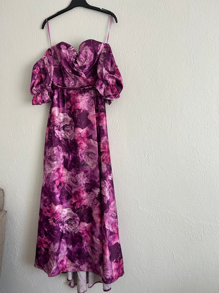 Mor Straplez balon kollu yırtmaçlı elbise - Görsel 2