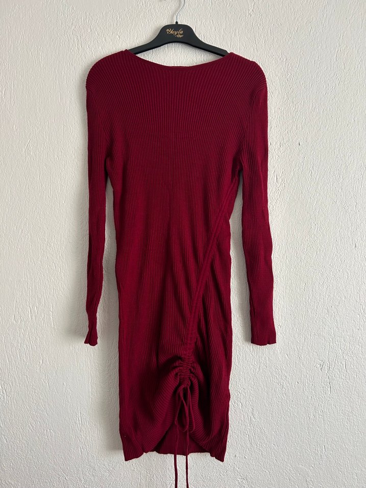Bordo Yüksek Yakalı Triko Midi Elbise - Görsel 2