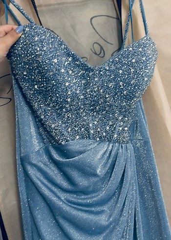 Mavi Drapeli Straplez Uzun Abiye Elbise - Görsel 4