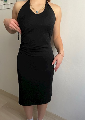 s Beden Siyah Halter Yaka Midi Elbise
