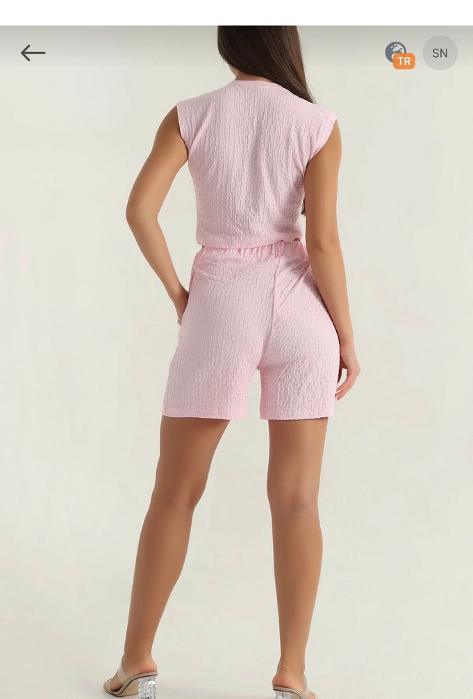 Pembe Kısa Gofre kumaş şort takım - Görsel 4
