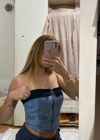 Mavi Bağlama Desenli Straplez Denim Bustiyer