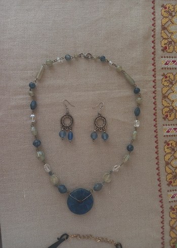 Turkuaz Boncuklu Kısa Bohem Kolye ve Küpe Seti