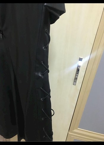 Kısa Kollu Siyah Deri Mini Elbise - Görsel 3