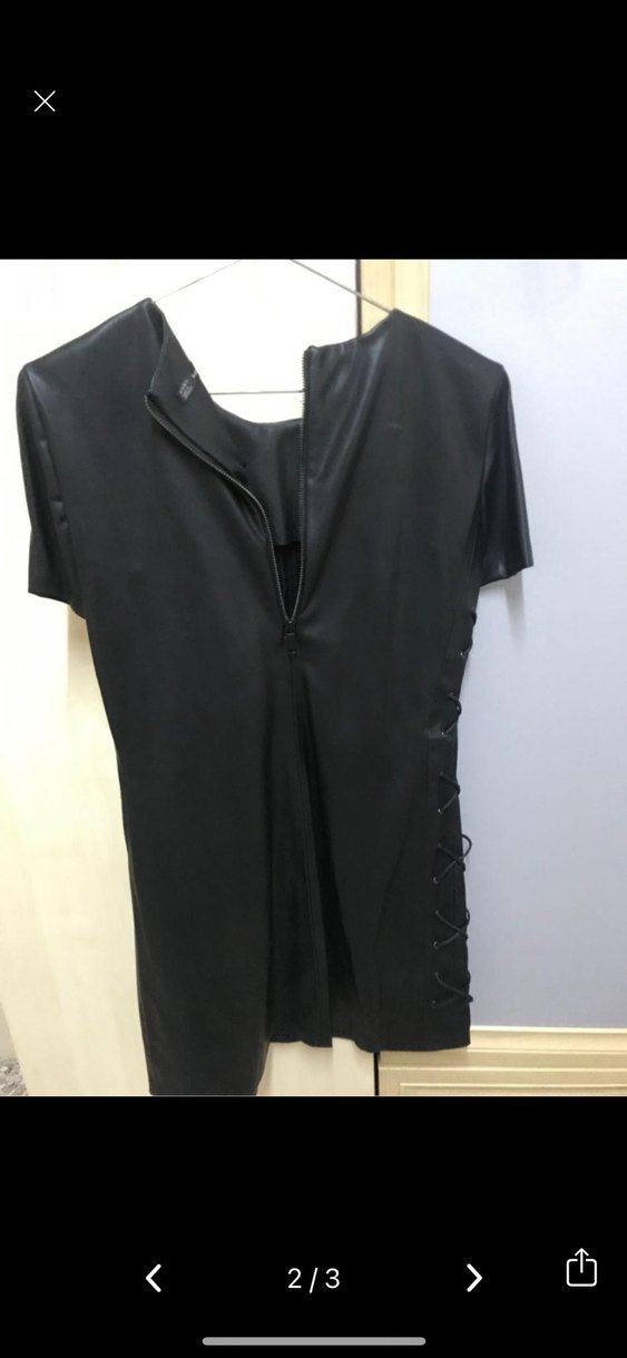 Kısa Kollu Siyah Deri Mini Elbise - Görsel 2