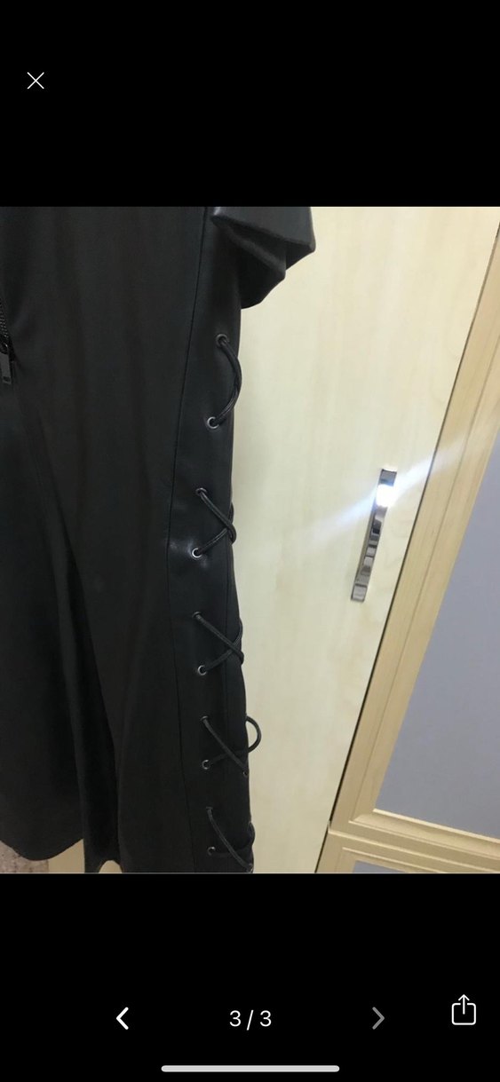 Kısa Kollu Siyah Deri Mini Elbise - Görsel 3