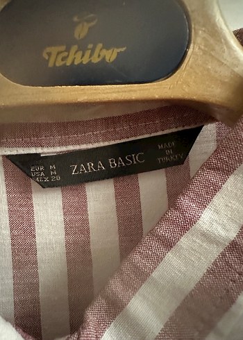 Bordo Gri Çizgili Kadın Keten Gömlek zara - Görsel 2