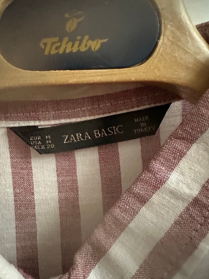 Bordo Gri Çizgili Kadın Keten Gömlek zara - Görsel 2