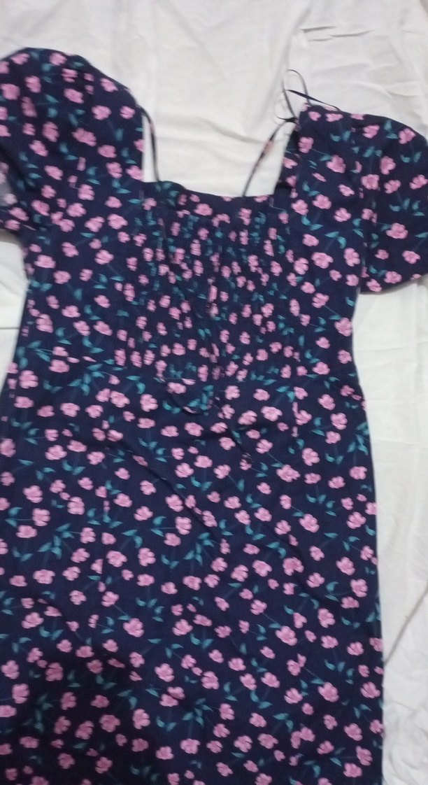 Mor Çiçek Desenli Midi V Yaka Elbise - Görsel 3