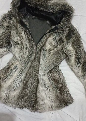 Kapüşonlu Gri Kadın Suni Kürk Mont - Görsel 2