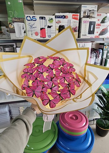 Renkli Kurdeleli Pembe Baskılı Buket - Görsel 2