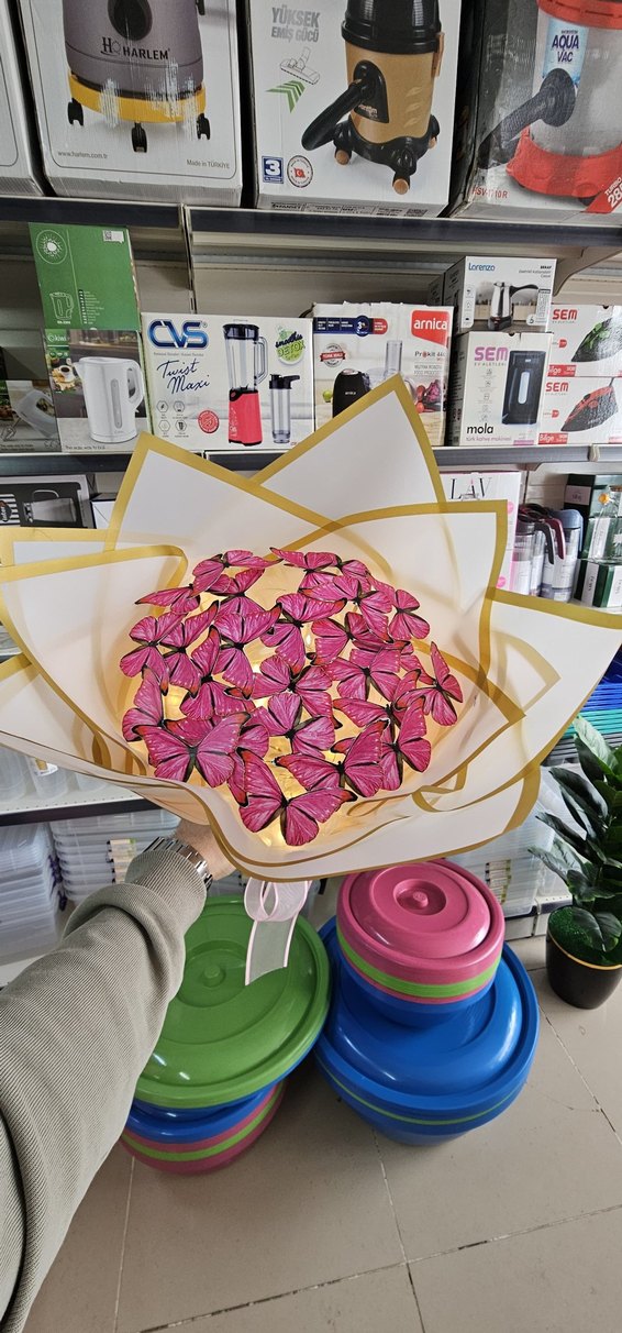 Renkli Kurdeleli Pembe Baskılı Buket - Görsel 2