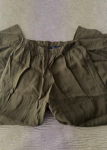 Kadın Haki Keten Pilili Rahat Pantolon