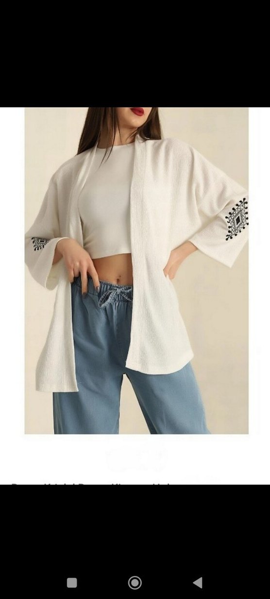 Kadın Beyaz Nakışlı Kısa Kimono - Görsel 4