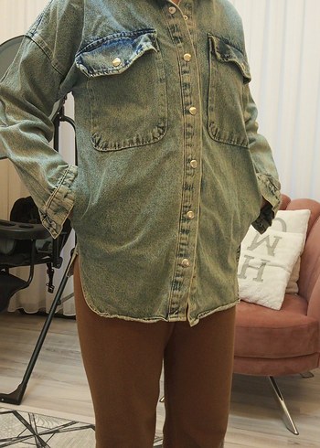 Kadın Gri Düğmeli Midi Denim Ceket kot