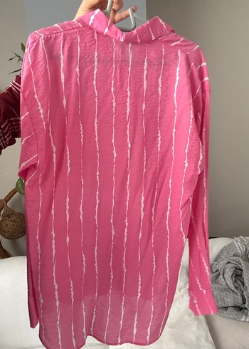 Pembe Batik Desenli Uzun Kollu Kadın Gömlek salaş - Görsel 3