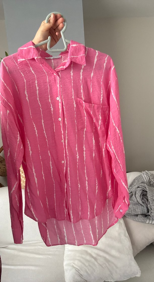 Pembe Batik Desenli Uzun Kollu Kadın Gömlek salaş - Görsel 2