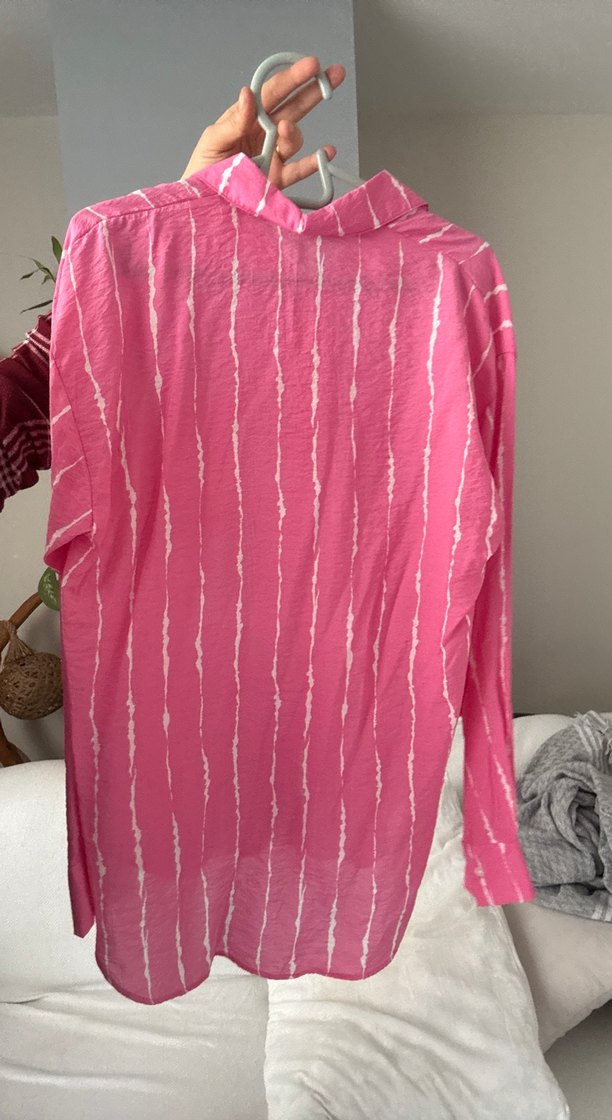 Pembe Batik Desenli Uzun Kollu Kadın Gömlek salaş - Görsel 3