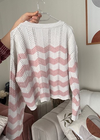 Pembe Beyaz Örgü Kadın Kazak - Görsel 3