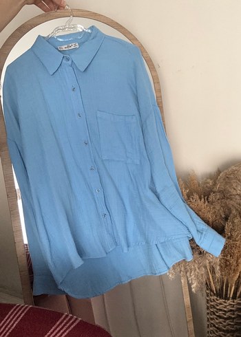 Mavi Keten Kadın Gömlek salaş - Görsel 2