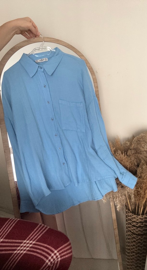 Mavi Keten Kadın Gömlek salaş - Görsel 2