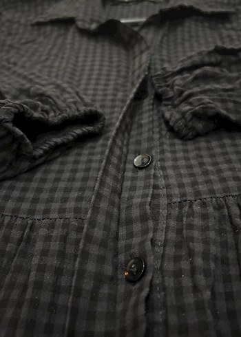 Düğmeli Siyah Kareli Uzun Keten Elbise - Görsel 2