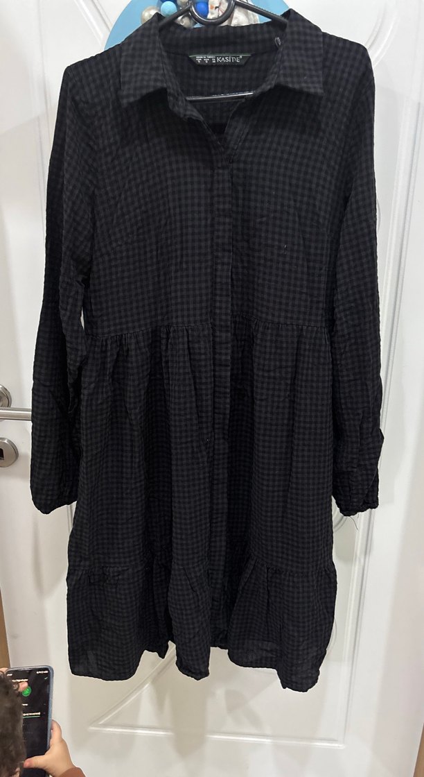 Düğmeli Siyah Kareli Uzun Keten Elbise - Görsel 3