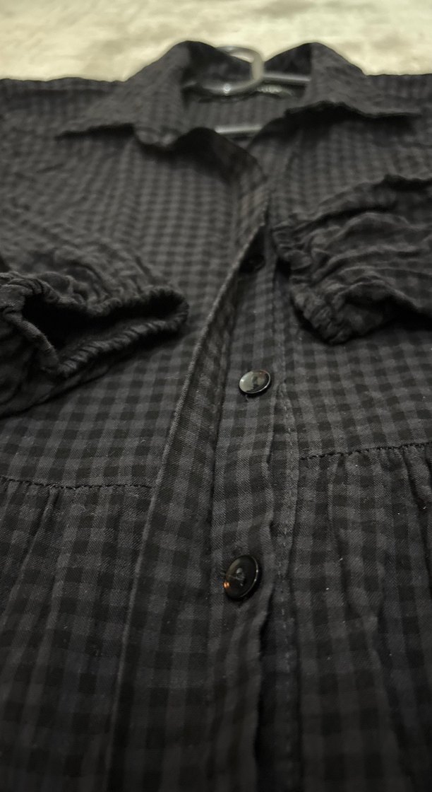 Düğmeli Siyah Kareli Uzun Keten Elbise - Görsel 2