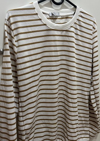 Bej Çizgili Kadın Triko Kazak - Görsel 3